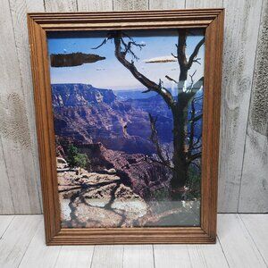 Vtg Framed Mountain Canyon Painted Glass Mirror Art Background 13"x10.5" Korea